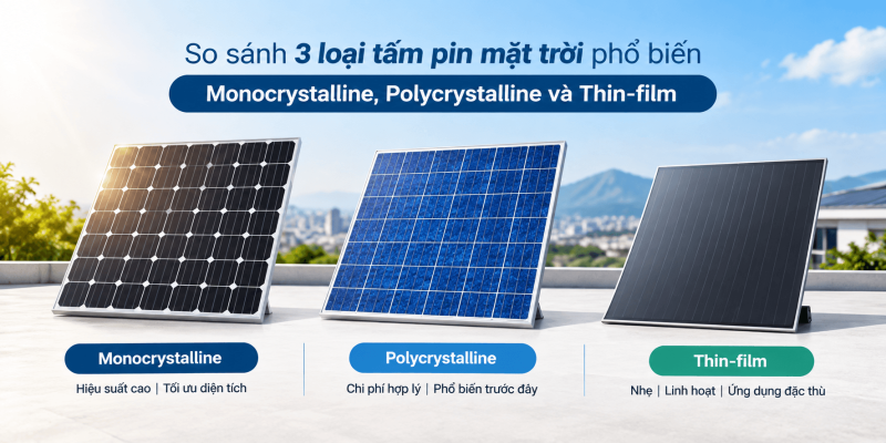 So sánh 3 loại tấm pin mặt trời Monocrystalline, Polycrystalline và Thin-film